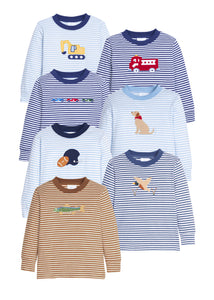 Little English boy's knit long sleeve applique tshirts in various stripes and motifs