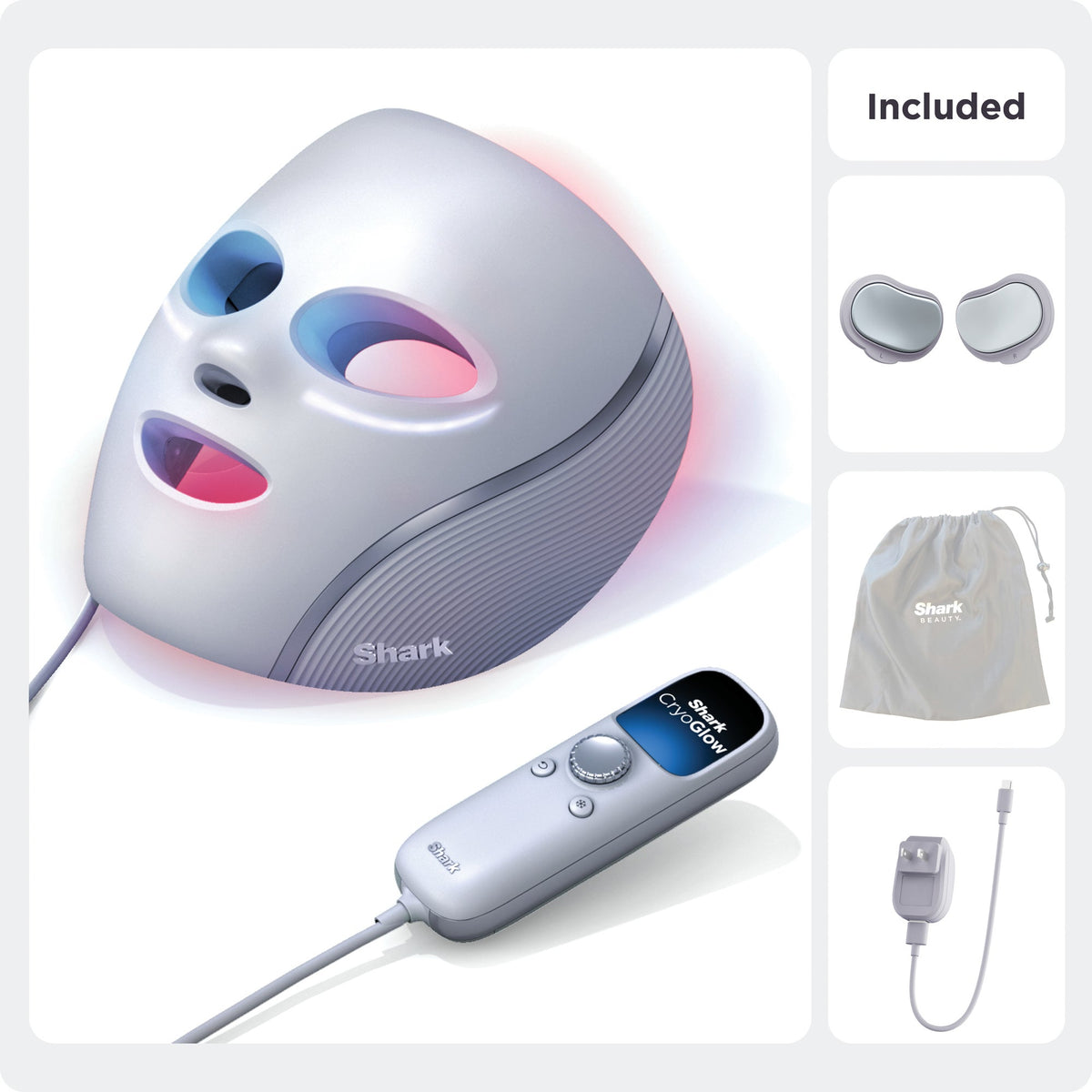 Angled Shark CryoGlow LED face mask in Lilac Chill with wired controller, eye pads, storage pouch, and charger