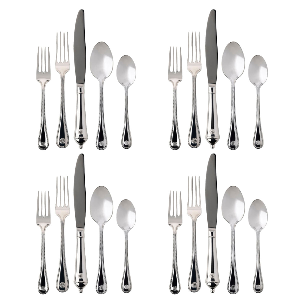 Front view of Berry & Thread 20-Piece Place Setting in Polished showcasing decorative motifs on white background