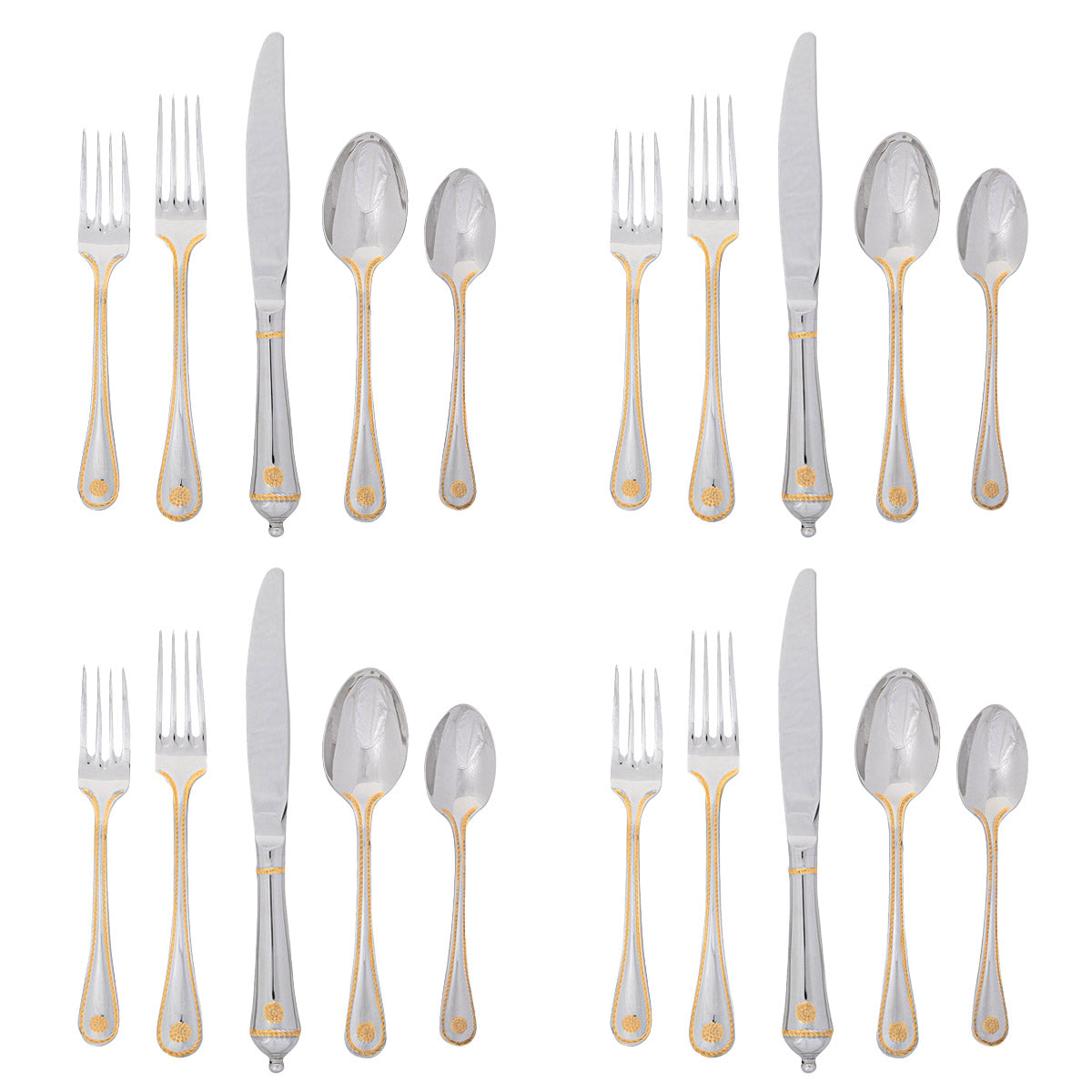 Front view of Berry & Thread 20-piece place setting showcasing polished stainless steel and 24-karat gold accents on white background