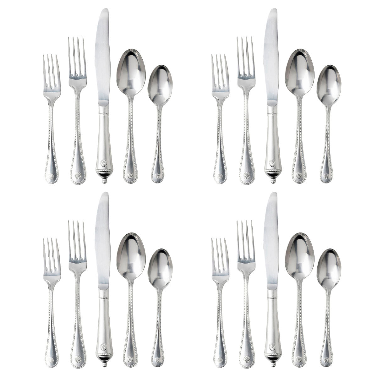 Front view of Berry & Thread 20-piece place setting showcasing textured handles and bright satin finish on white background