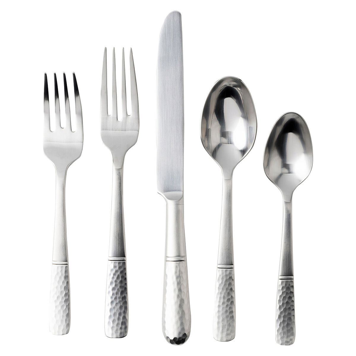Front view of Carine 20-Piece place setting showcasing stainless steel utensils with smooth and textured handles against white backdrop