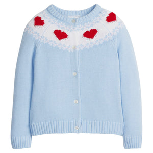 little english classic children's clothing light blue cardigan with red hearts along neck for girls 