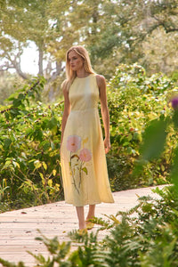 The Faith Dress, sleeveless fit and flare midi dress, in Quiet Bloom.