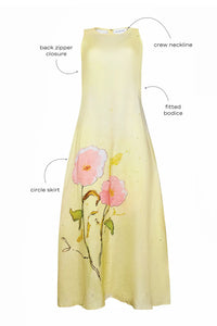 The Faith Dress, sleeveless fit and flare midi dress, in Quiet Bloom with call outs.