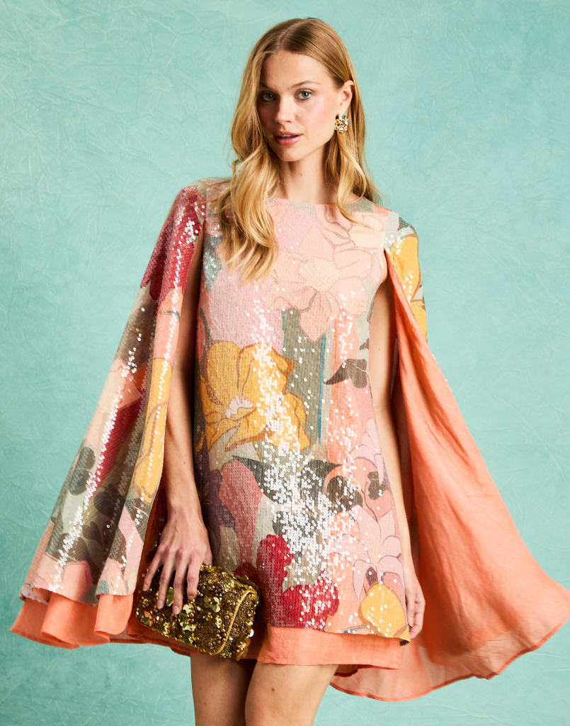 Collins Cape Mini Dress in Painted Blooms