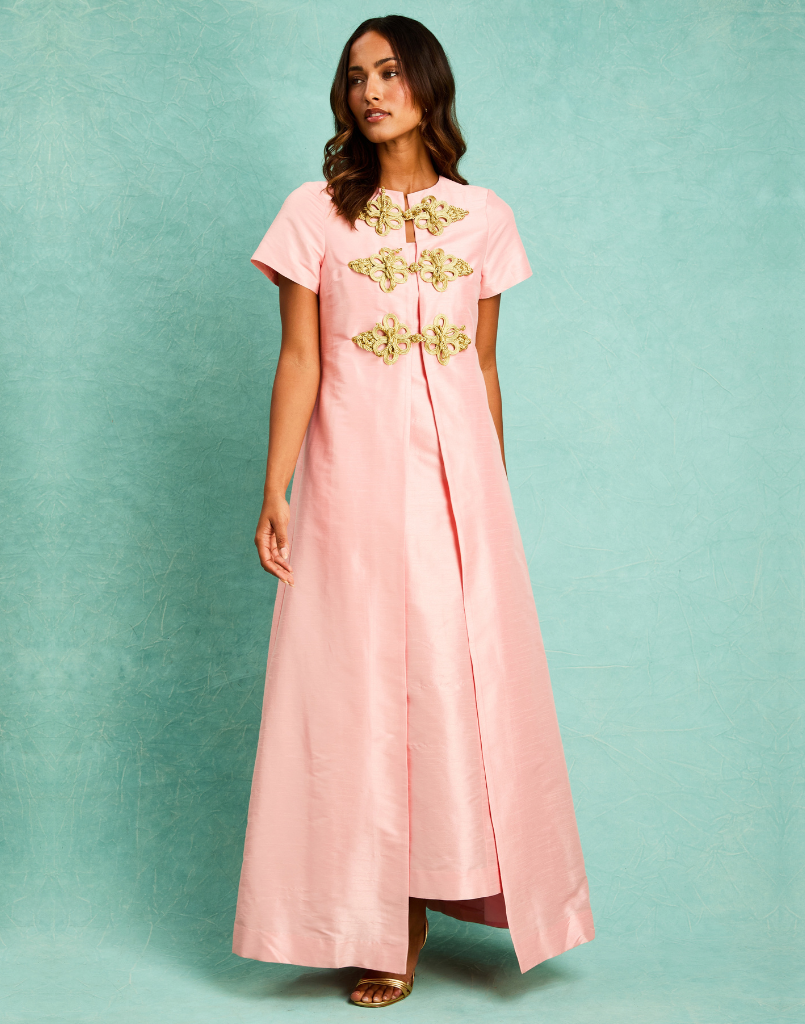 Front view of Annika Convertible Gown Set in Blush Tulip showing floral embroidery and floor-length silhouette