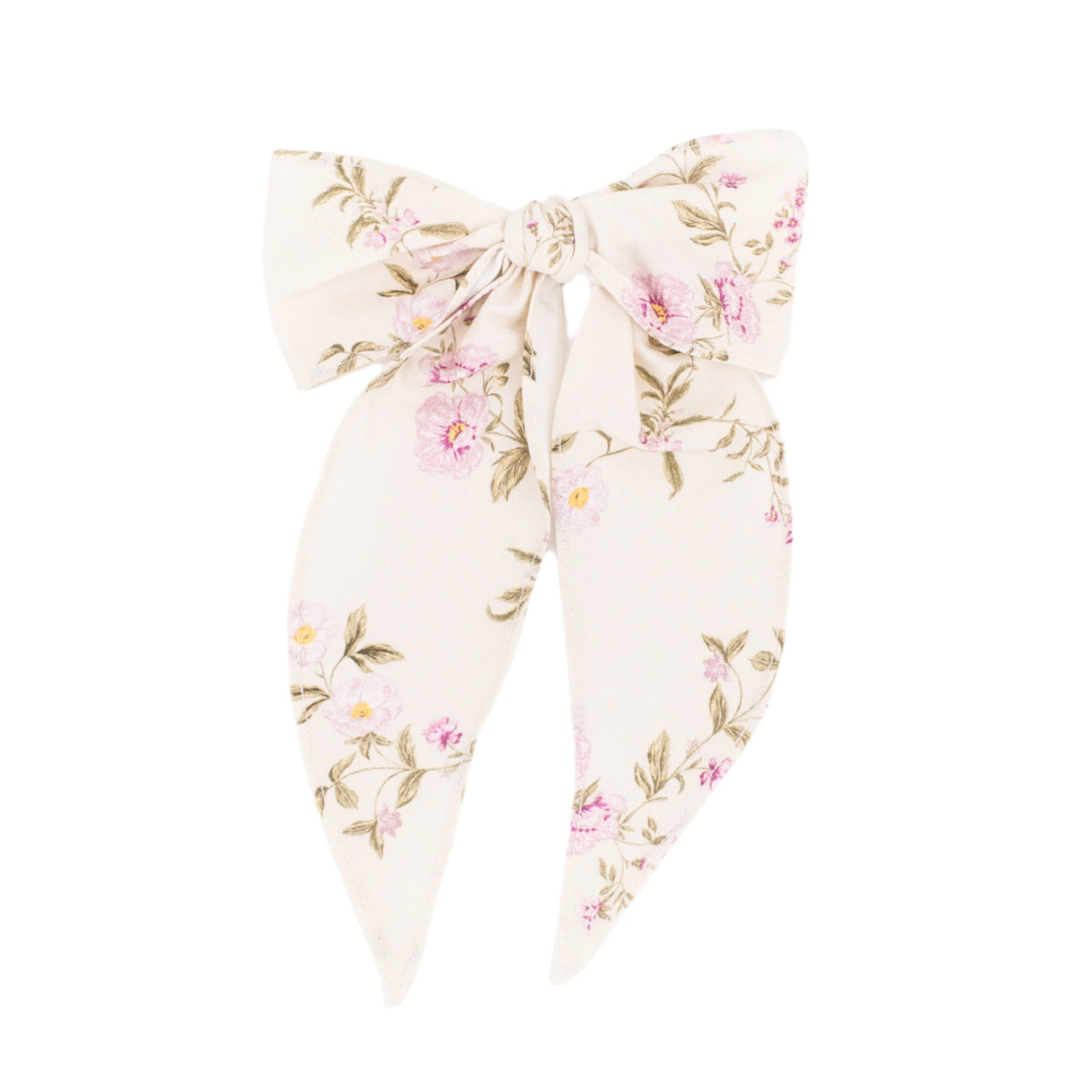 Front view of Flora Bow showcasing its muted floral print with a white background