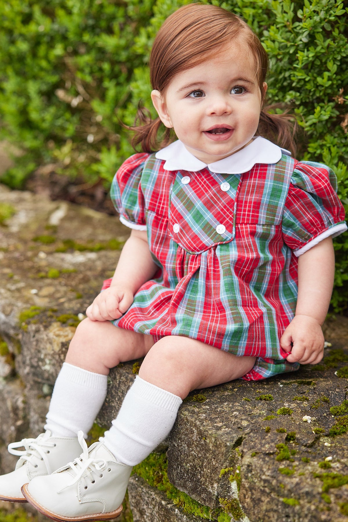 Little English traditional children's clothing, Fallon bubble in red, blue, and green highlands tartan pattern with buttons on chest, for little girl