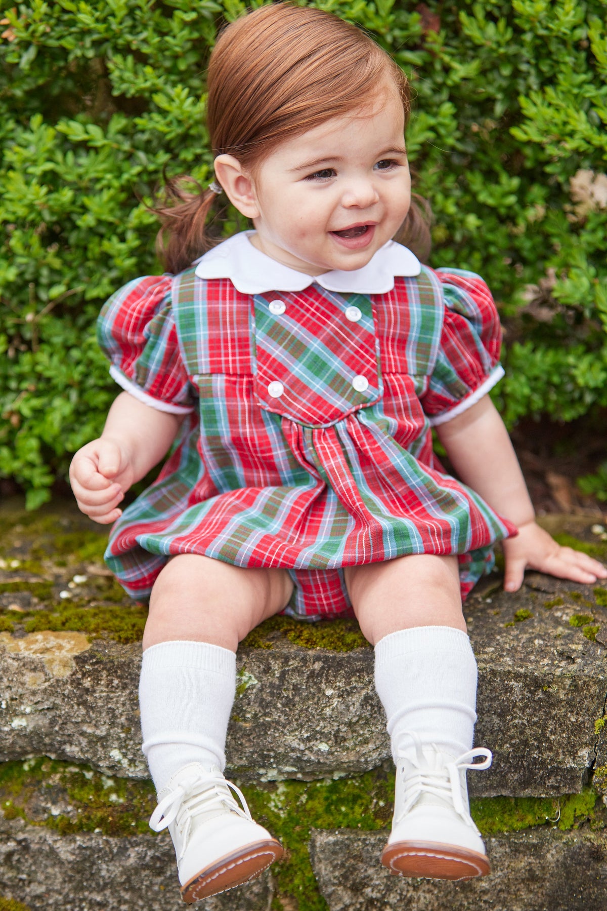 Little English traditional children's clothing, Fallon bubble in red, blue, and green highlands tartan pattern with buttons on chest, for little girl