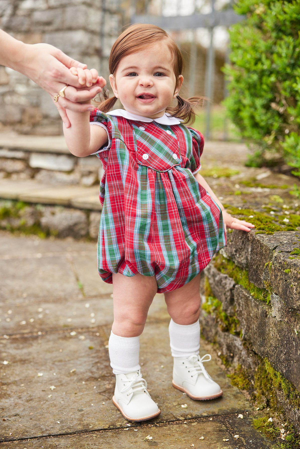 Little English traditional children's clothing, Fallon bubble in red, blue, and green highlands tartan pattern with buttons on chest, for little girl