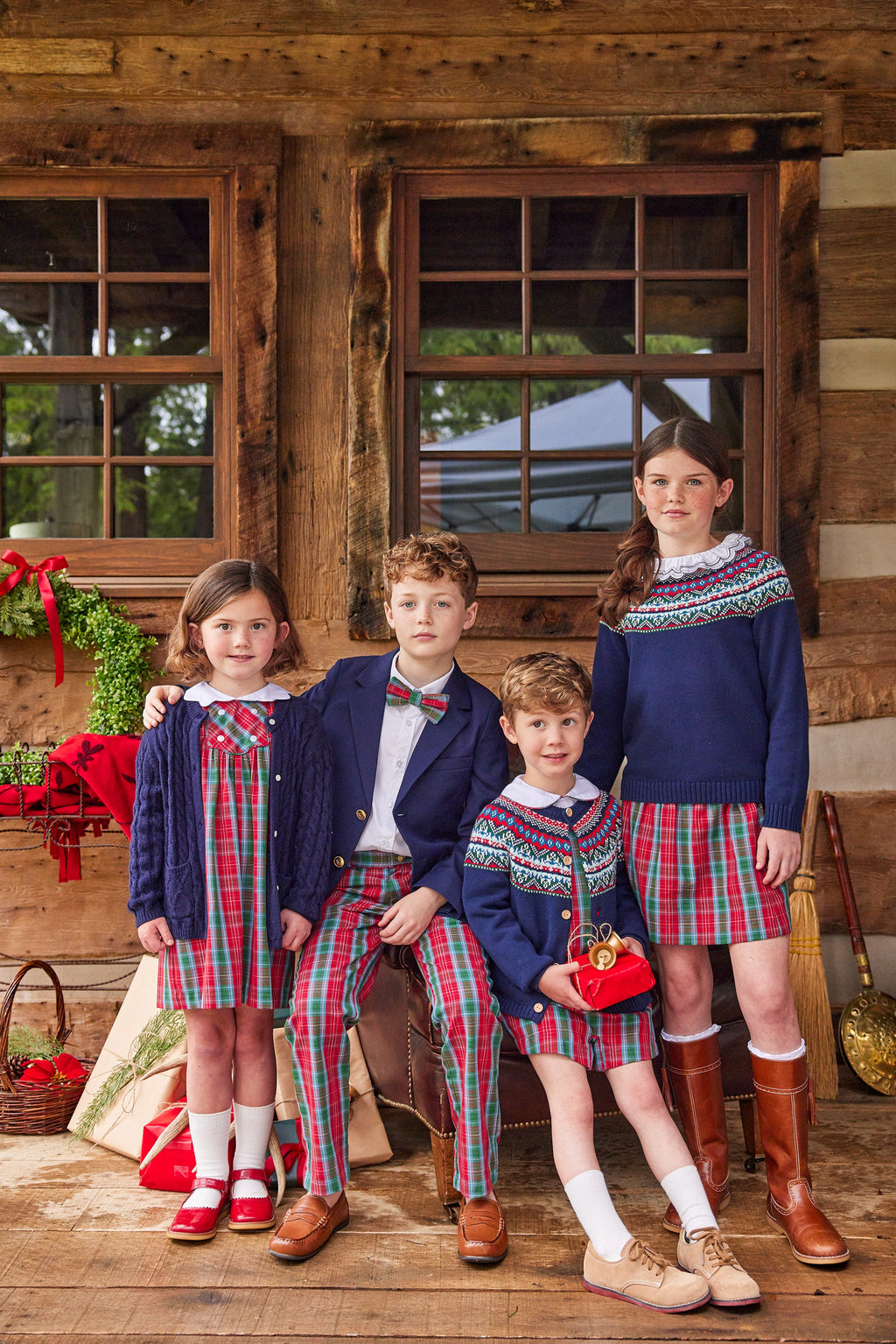 Little English traditional children's clothing, Paperbag skirt in red, green, and blue plaid pattern with elastic waist, for little girl