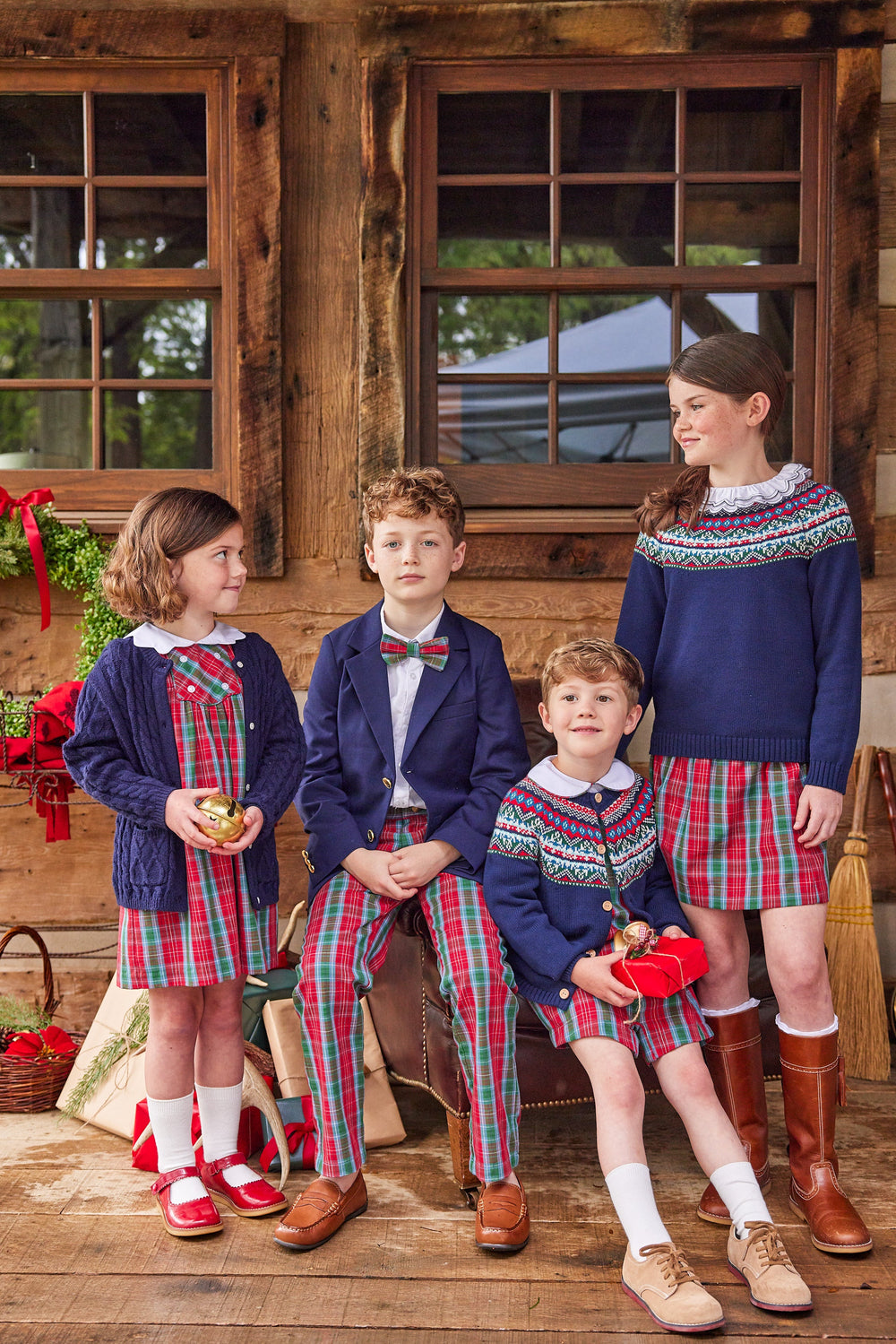 Little English traditional children's clothing, Vintage Button Tab John John Set in red, green, and blue highlands tartan pattern for little boy