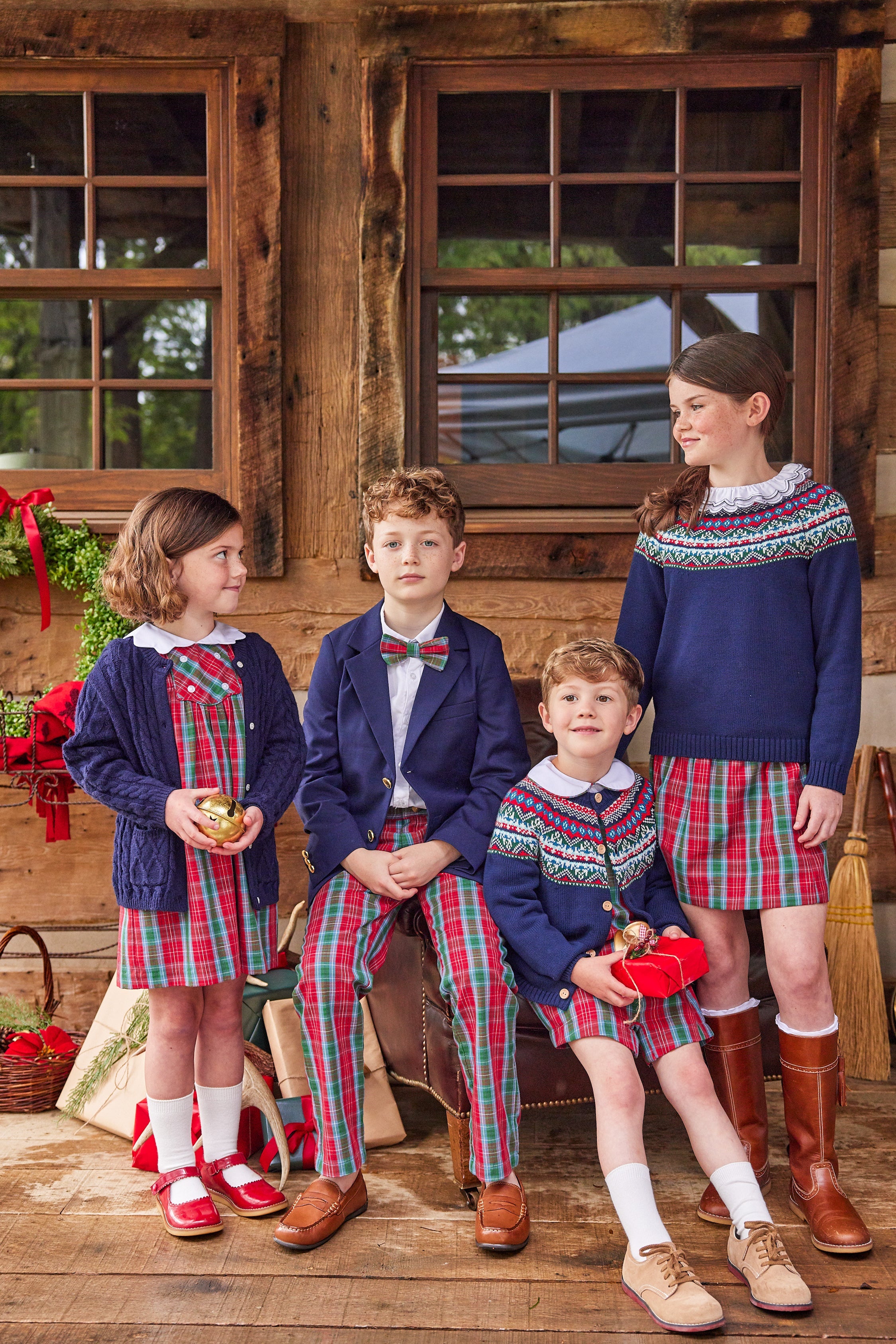 Little English traditional children's clothing, Vintage Button Tab John John Set in red, green, and blue highlands tartan pattern for little boy