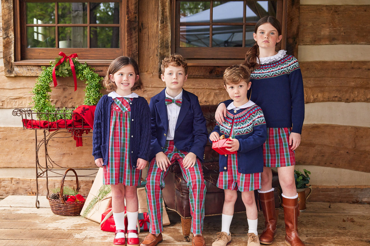 Little English traditional children's clothing, Paperbag skirt in red, green, and blue plaid pattern with elastic waist, for little girl