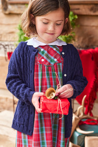 Little English traditional children's clothing, Fallon dress in red, blue, and green highlands tartan pattern with buttons on chest, for little girl