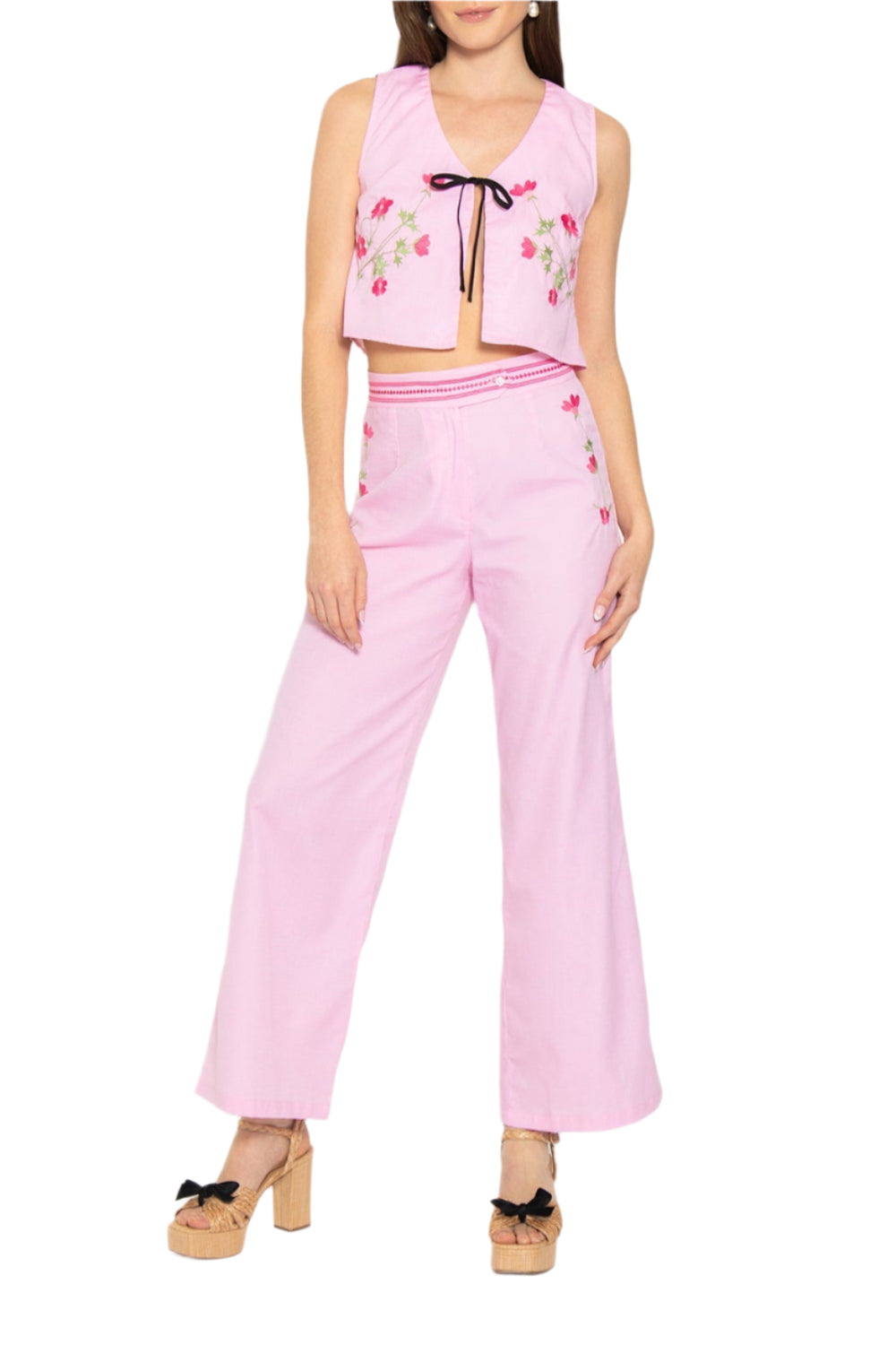 Front view of Betul Pants Set showcasing pink embroidered cropped vest with black tie and matching high-rise wide-leg pants
