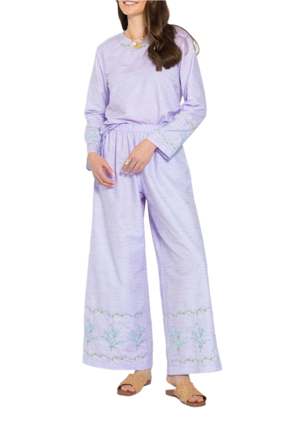 Front view of Cicek Pants Set showing lilac heathered tunic and wide-leg pants with blue floral embroidery on white background