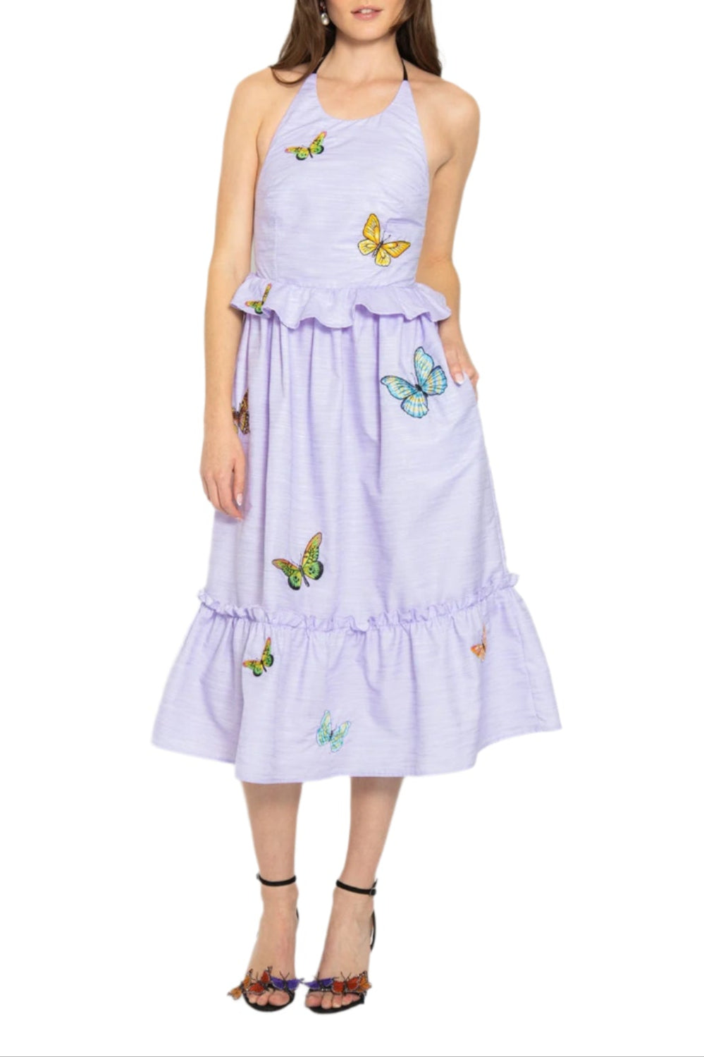 Front view of Didem halter midi dress in lilac-striped cotton with peplum waist and butterfly embroidery on model against white background