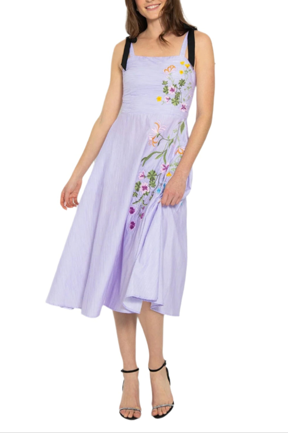 Front view of Mimoza Dress, lilac-striped cotton midi with bow-tie shoulder straps and floral embroidery on white