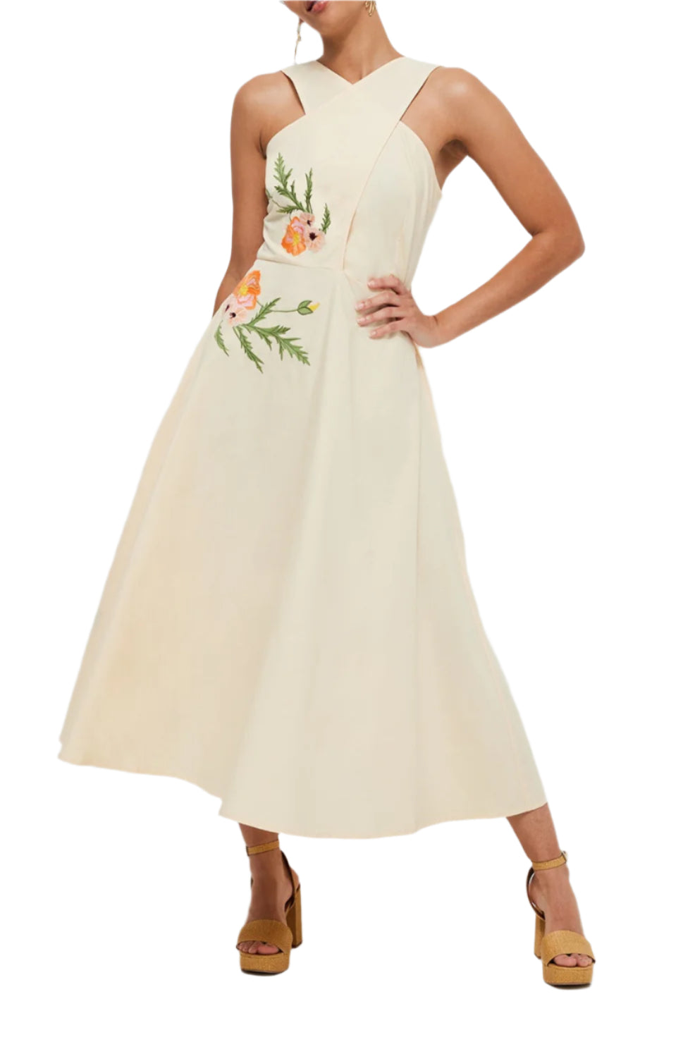 Front view of Samie Dress in light yellow with crossed halter neckline and waist floral embroidery