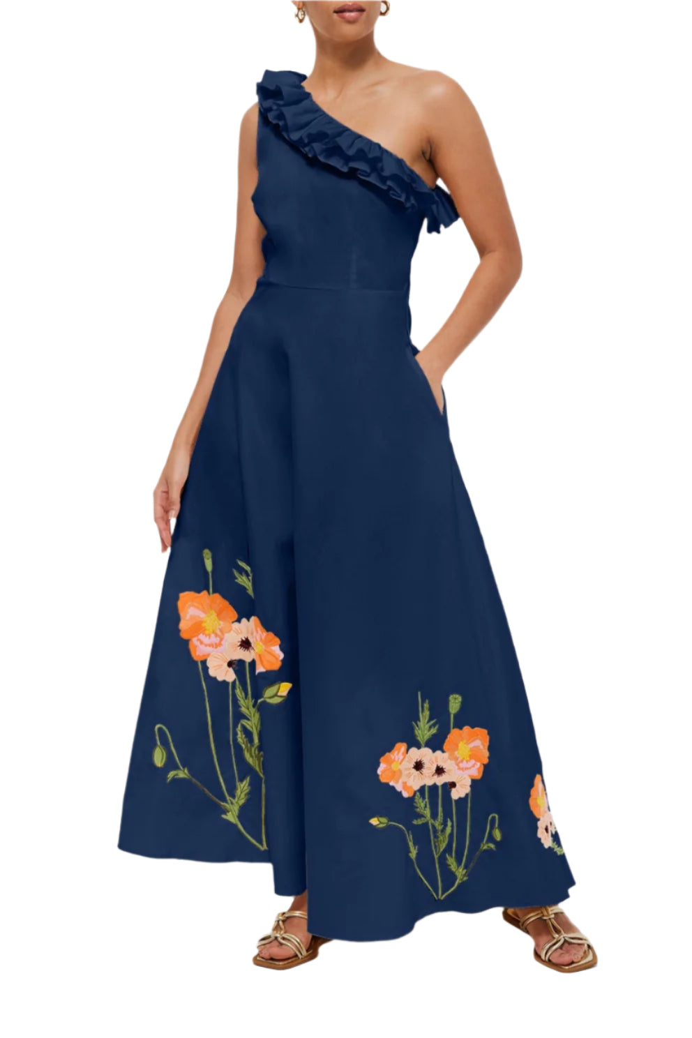 Front view of Melisa Dress showcasing one-shoulder ruffle, floral embroidery at hem, and side pockets on white background