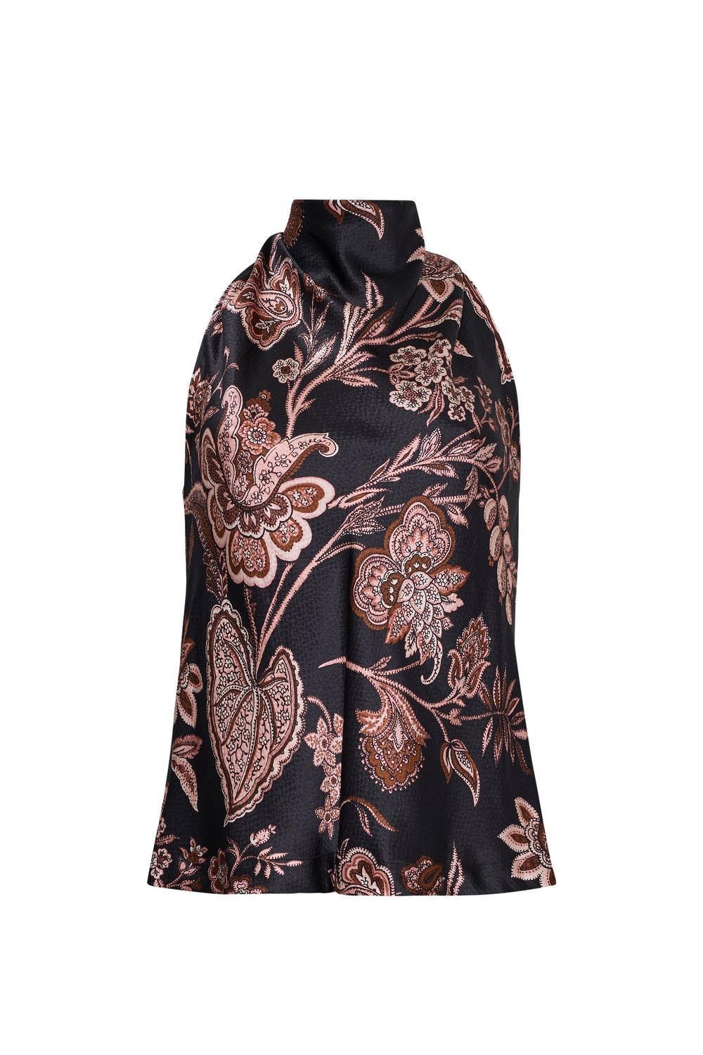 Front view of Fara Top in Linden Bloom Black showcasing its paisley floral print and cowl neck against a white background