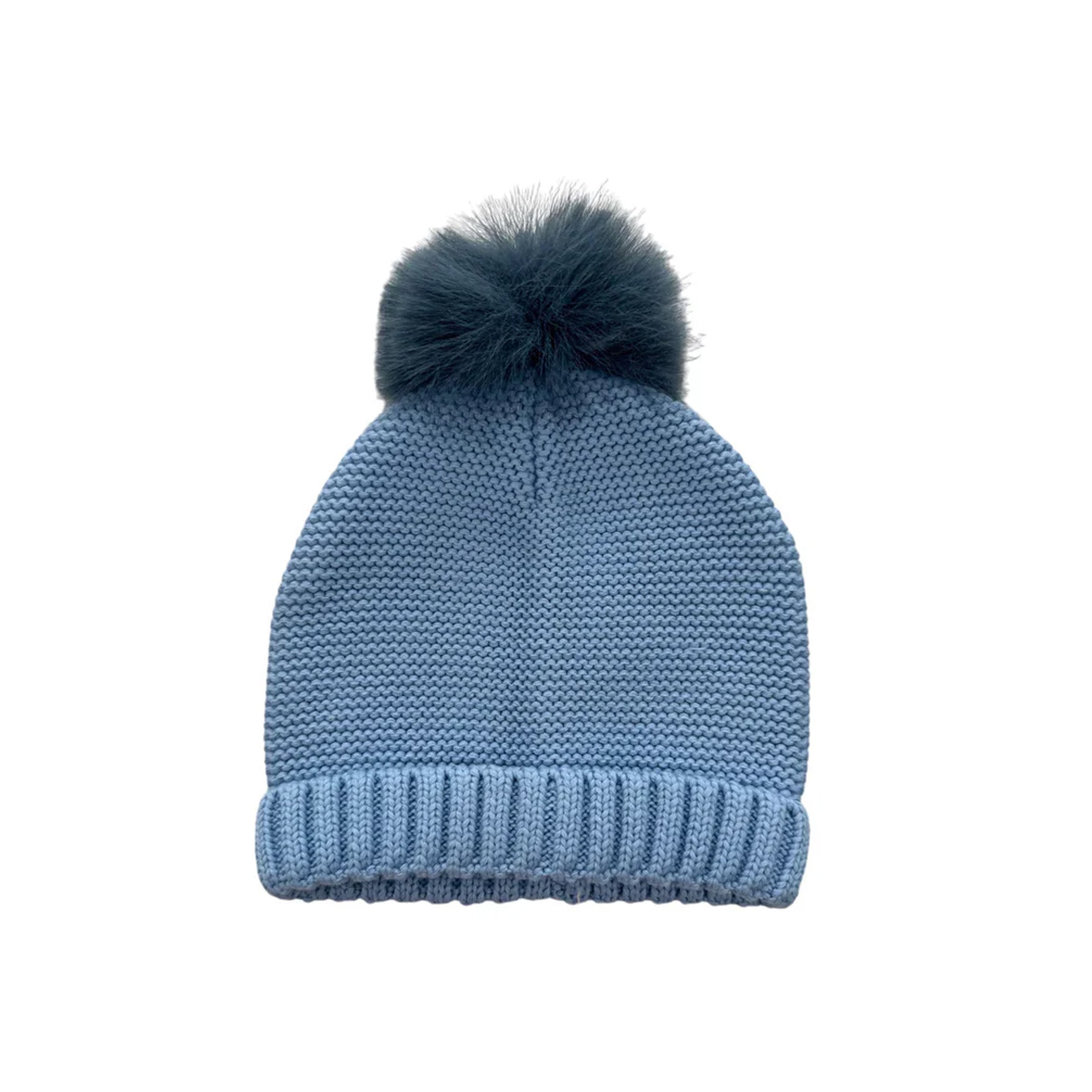 Faux Fur Knit Hat with Pom Pom in Blue