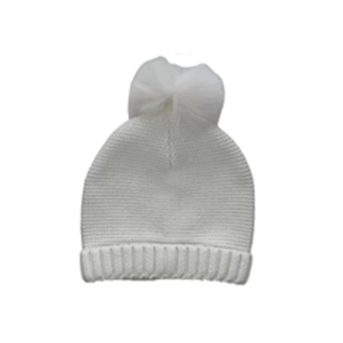 Front view of faux fur knit hat in cream showcasing ribbed folded brim and soft faux fur pom pom on white background