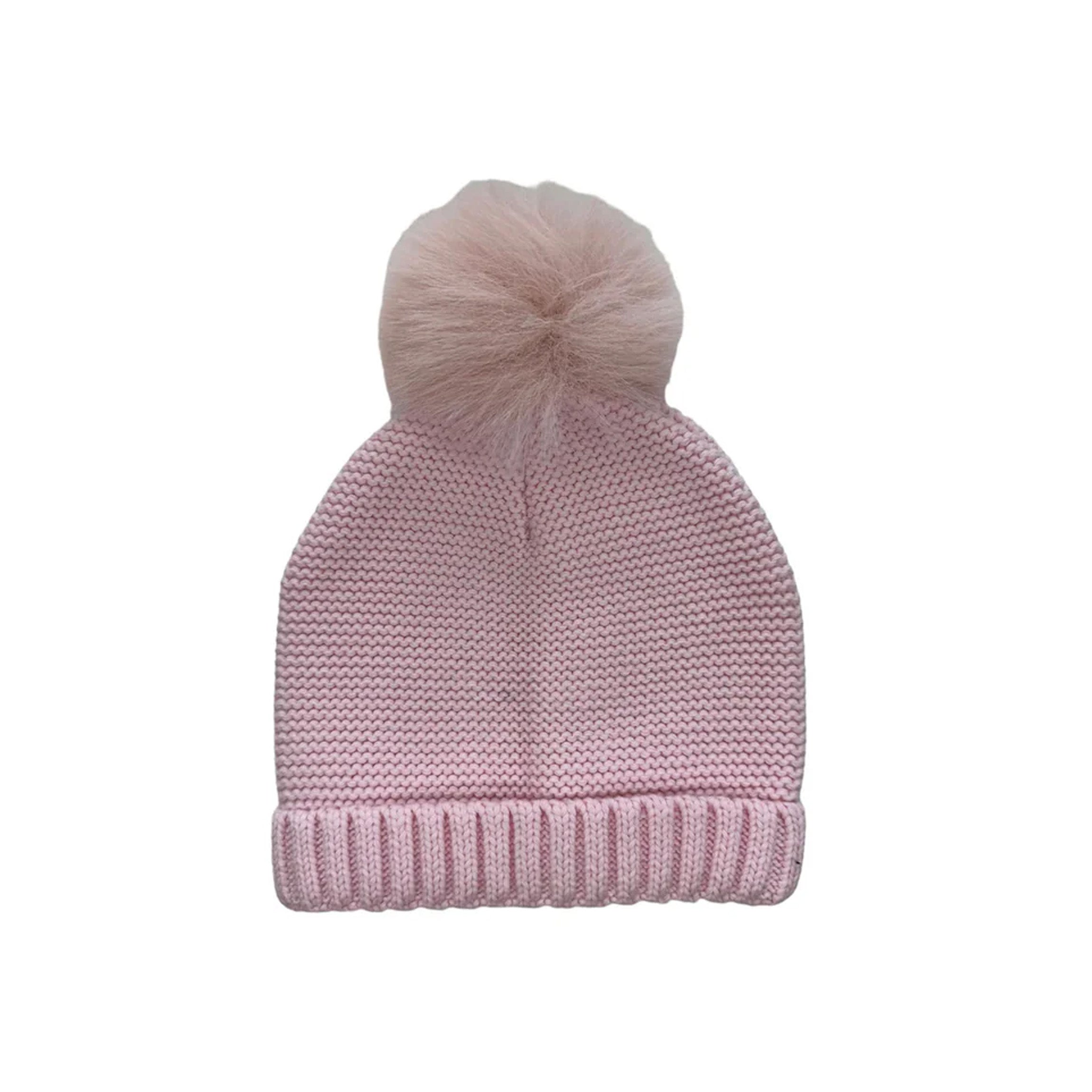 Faux Fur Knit Hat with Pom Pom in Pink