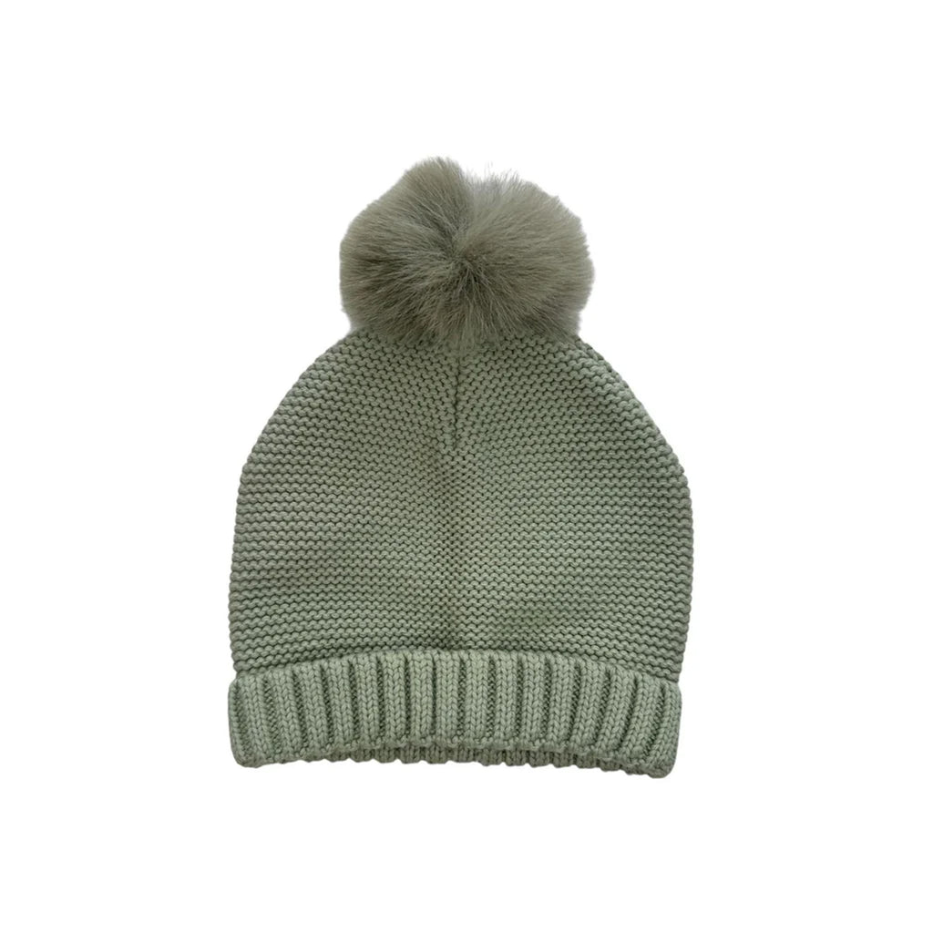 Faux Fur Knit Hat with Pom Pom in Sage