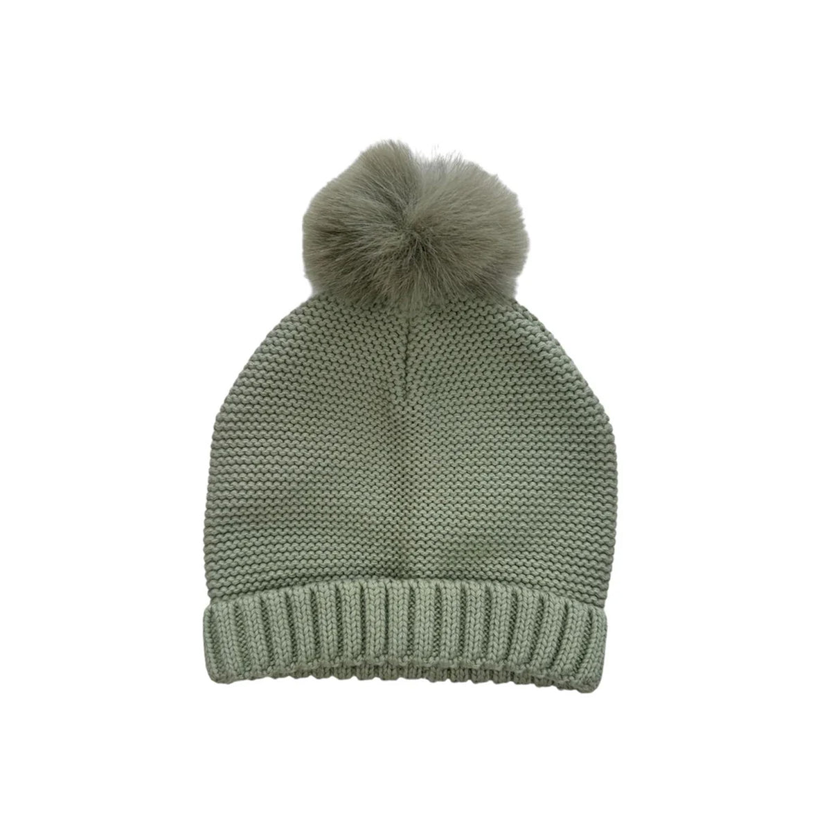 Faux Fur Knit Hat with Pom Pom in Sage