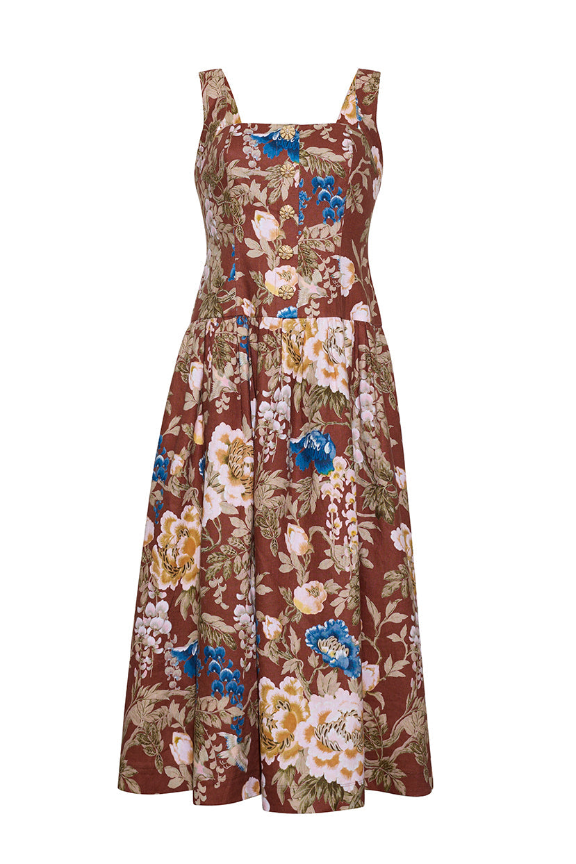 Feliz Midi Dress in Flora Meadow Brown