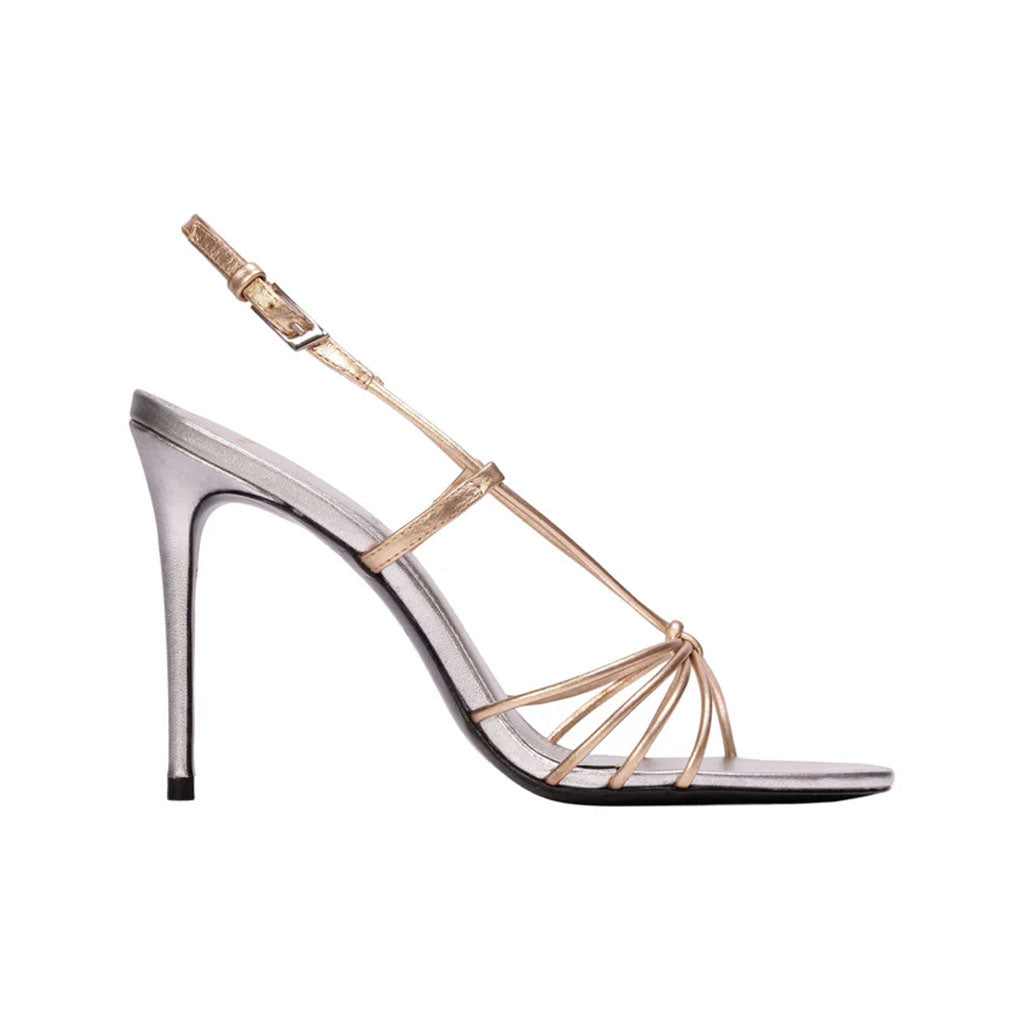 Side view of Fern 100 in Silver & Gold Leather showcasing knotted metallic straps and 4-inch heel on white background