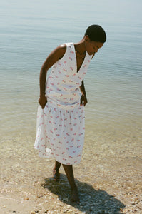 V-Neck Shift Dress with Belt in Vintage Pink Fish
