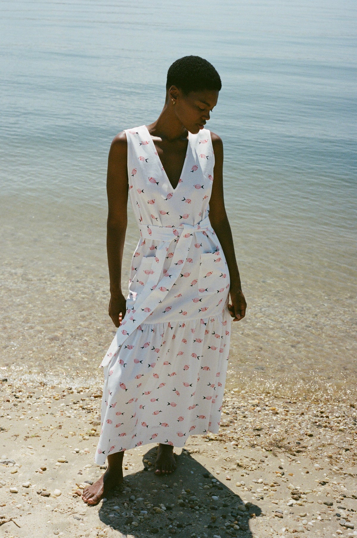 V-Neck Shift Dress with Belt in Vintage Pink Fish