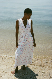 V-Neck Shift Dress with Belt in Vintage Pink Fish