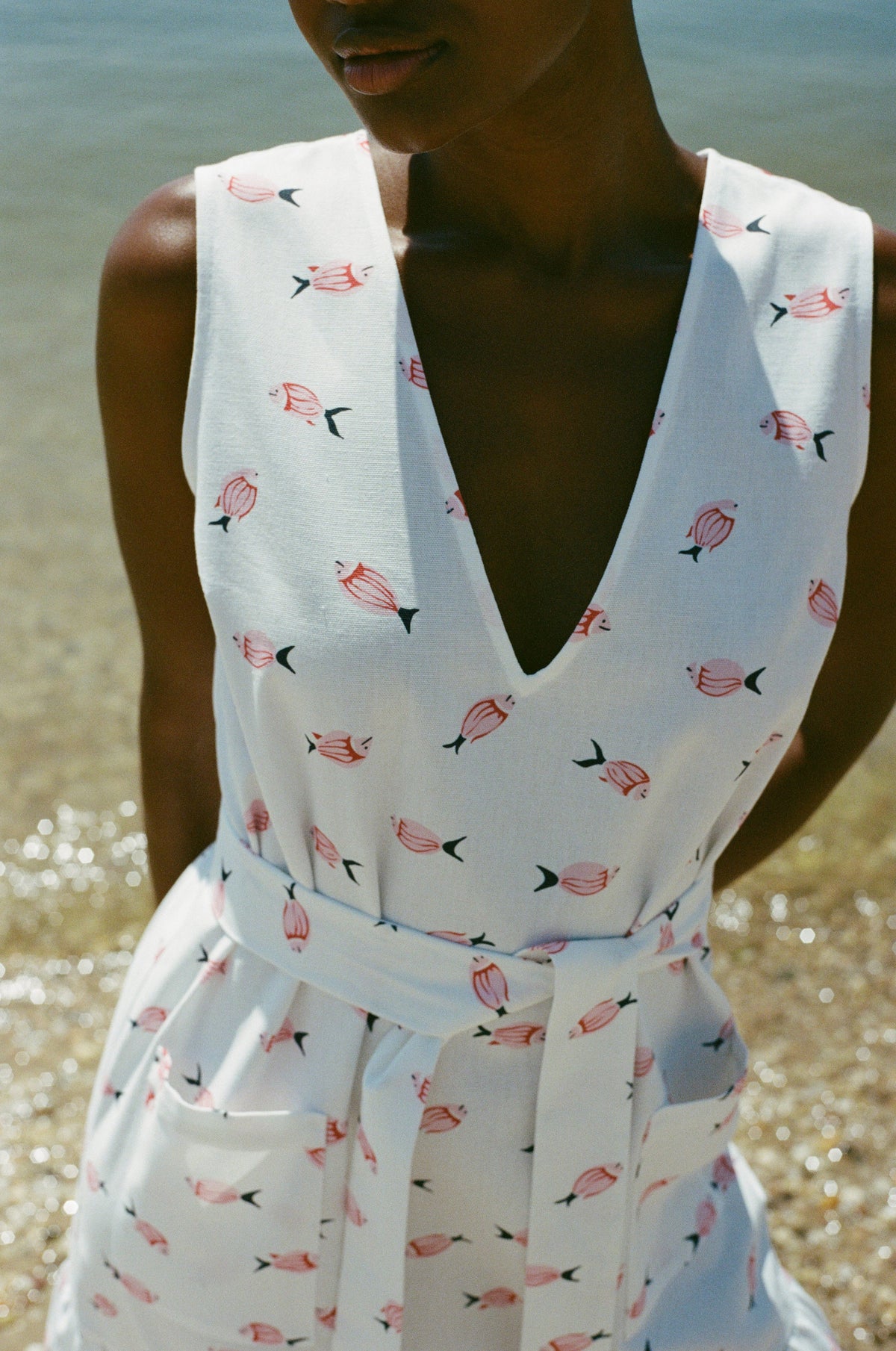 V-Neck Shift Dress with Belt in Vintage Pink Fish