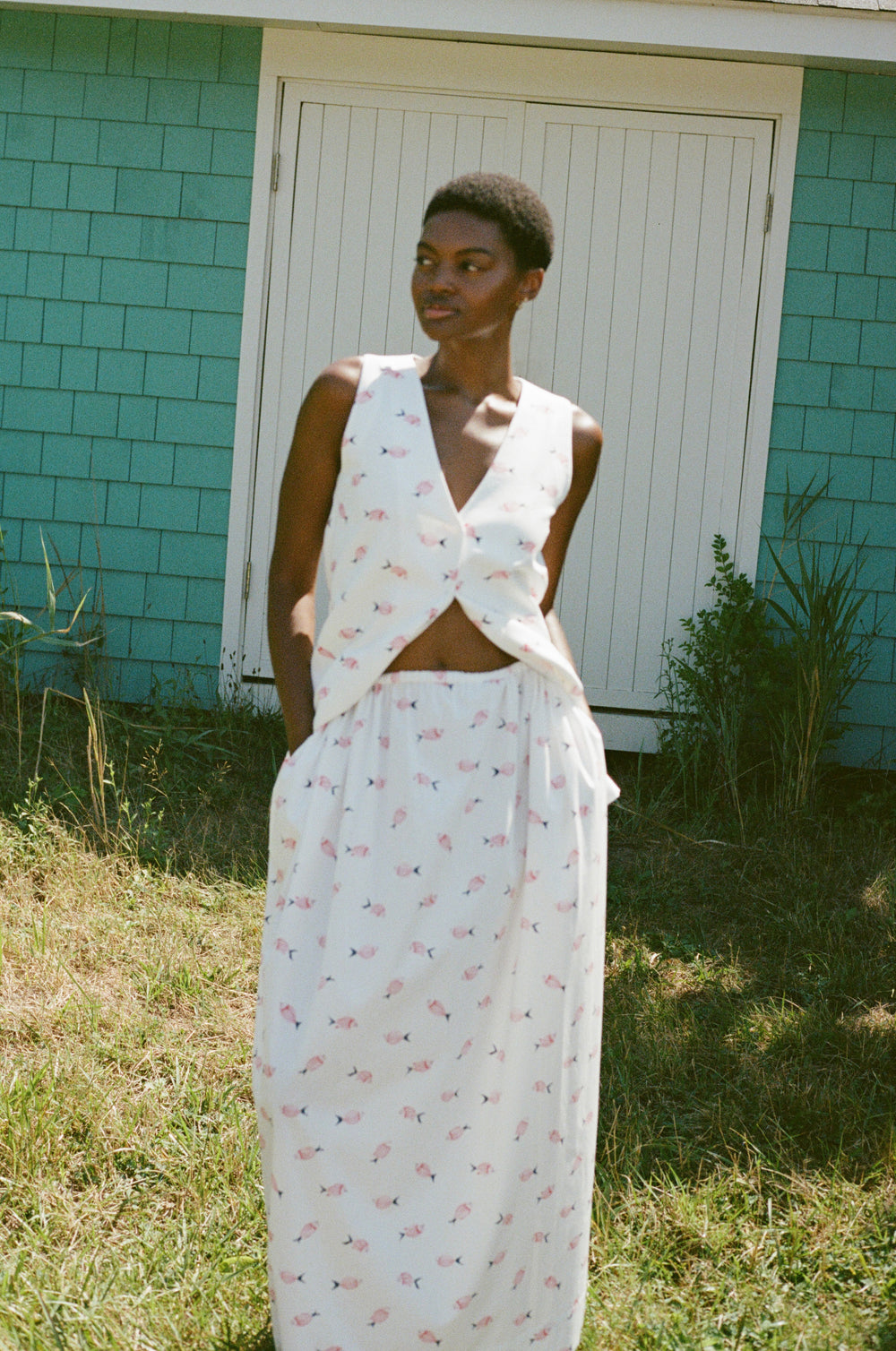 Elastic-Waist Skirt in Vintage Pink Fish
