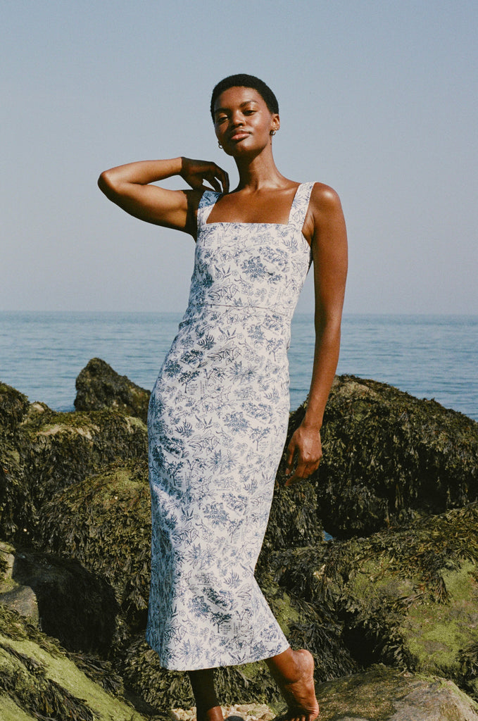 Long Slip Dress in Blue Flora S