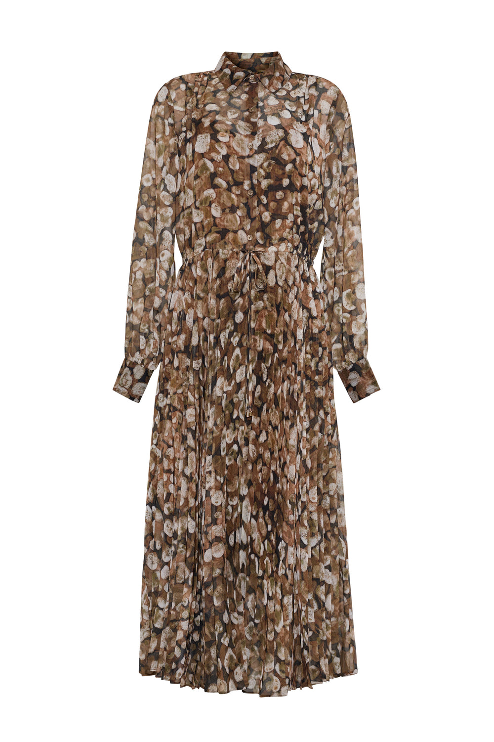 Front view of Finch midi dress in Galets Brown showcasing long sleeves, button front, and tie waist on white background