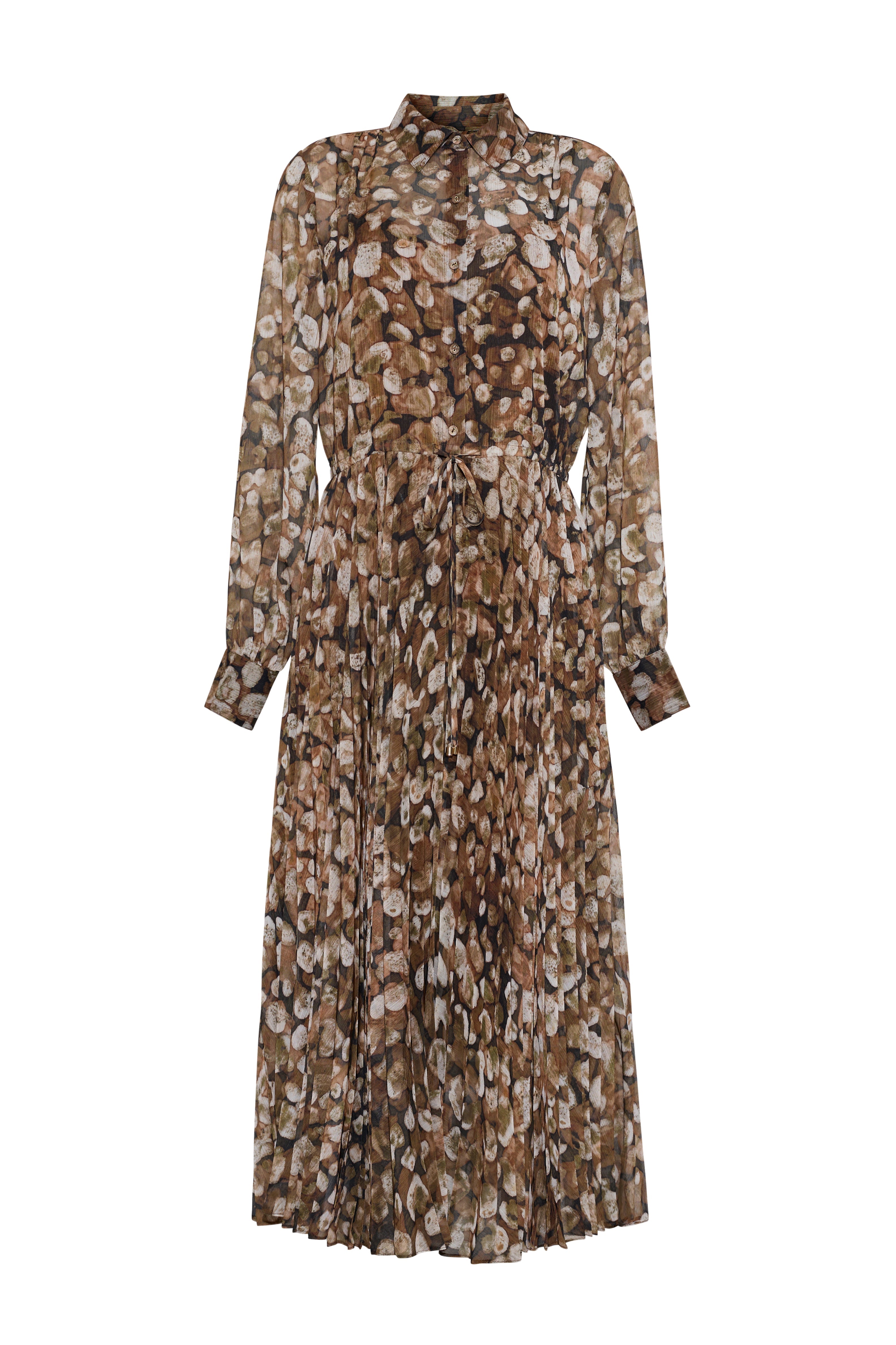 Front view of Finch midi dress in Galets Brown showcasing long sleeves, button front, and tie waist on white background