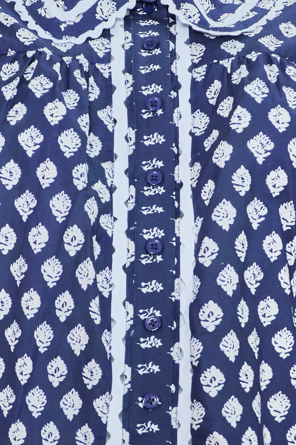 Close up of The Finch Top in Thistle & Vine Blue.