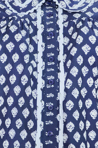 Close up of The Finch Top in Thistle & Vine Blue.