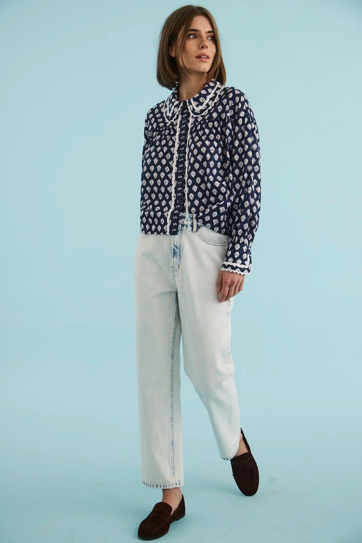 The Finch Top in Thistle & Vine Blue paired with the Wray Pant in Washed Blue Denim. 