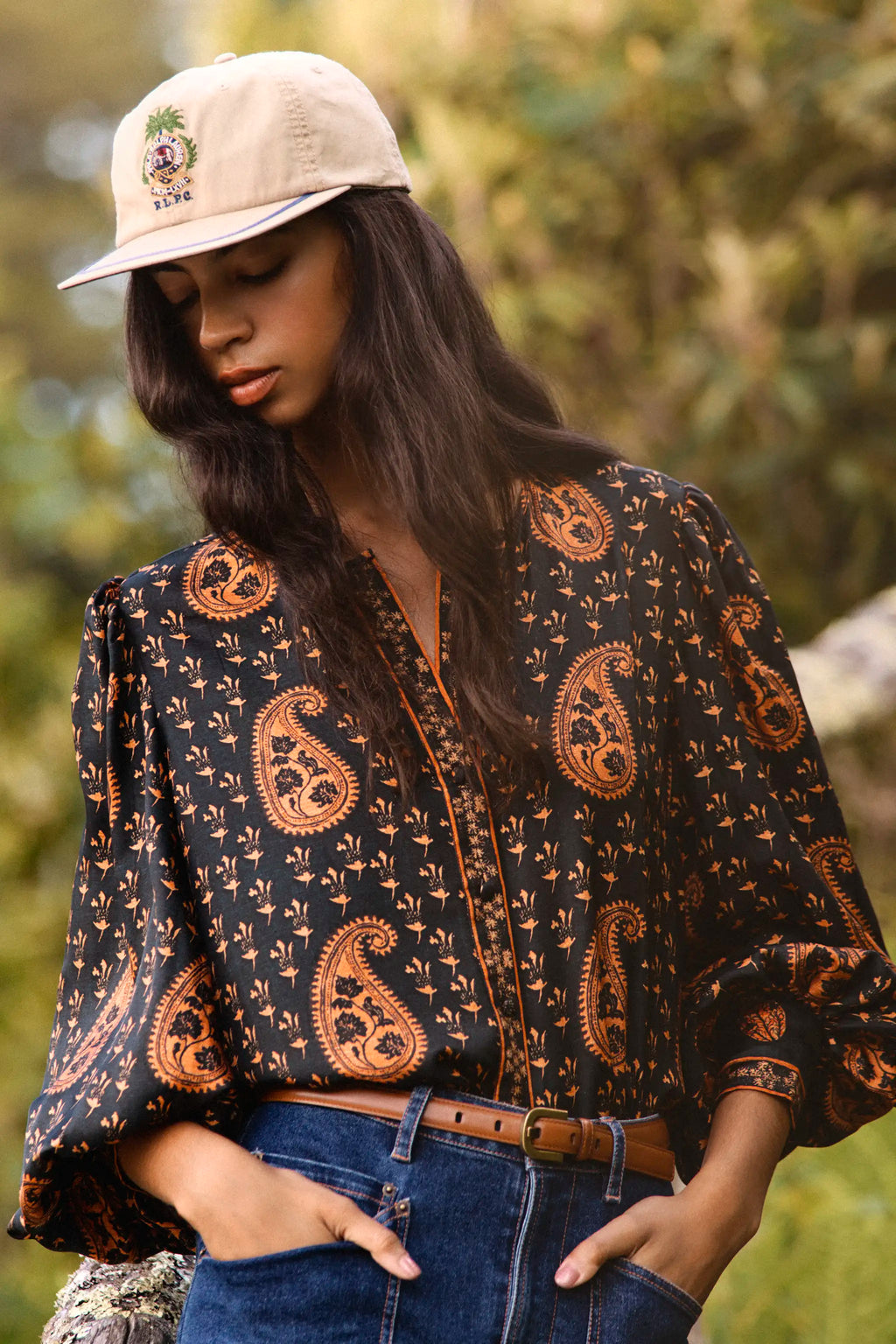 The Finley Blouse in Glen Paisley paired with Mallory Jeans in Blue Ridge Denim. 