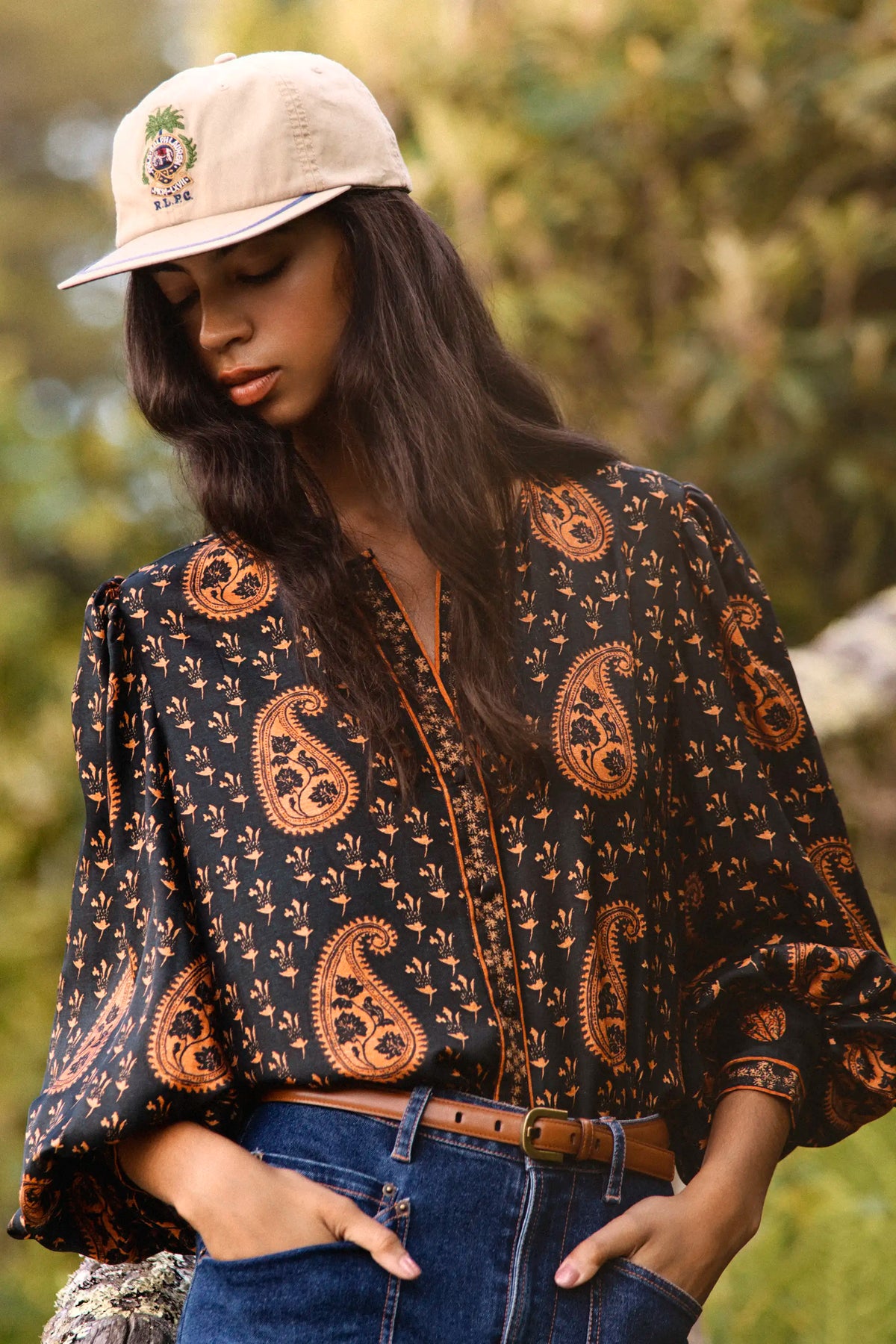 The Finley Blouse in Glen Paisley paired with Mallory Jeans in Blue Ridge Denim. 