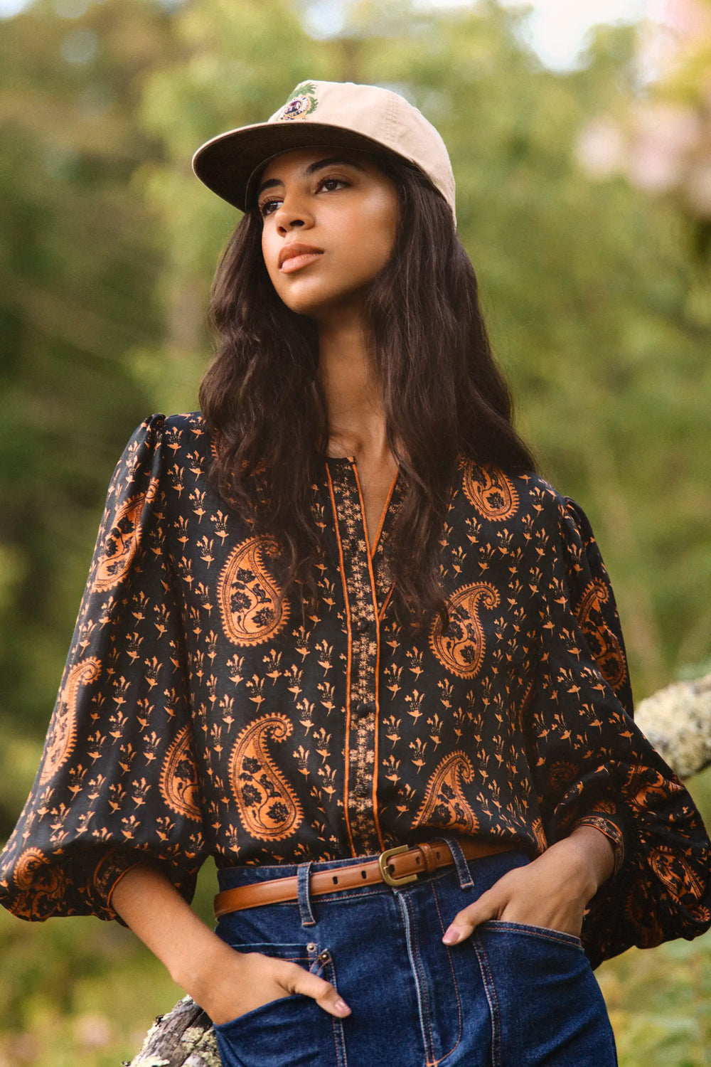 The Finley Blouse in Glen Paisley paired with Mallory Jeans in Blue Ridge Denim. 