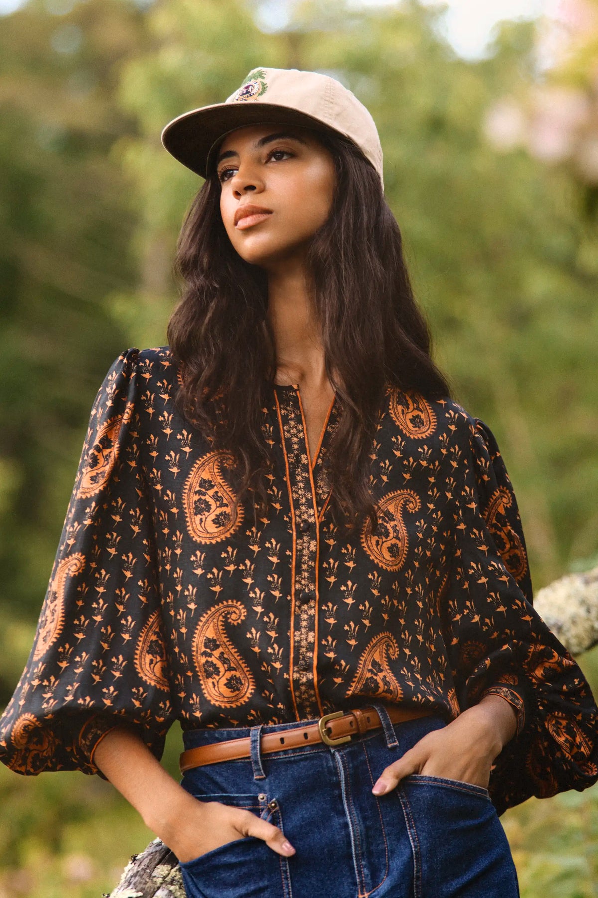 The Finley Blouse in Glen Paisley paired with Mallory Jeans in Blue Ridge Denim. 