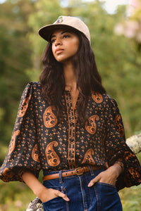 The Finley Blouse in Glen Paisley paired with Mallory Jeans in Blue Ridge Denim. 